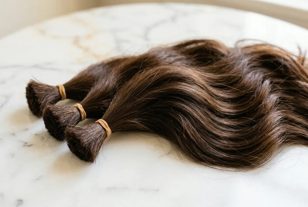 Raw virgin hair bundles on marble surface